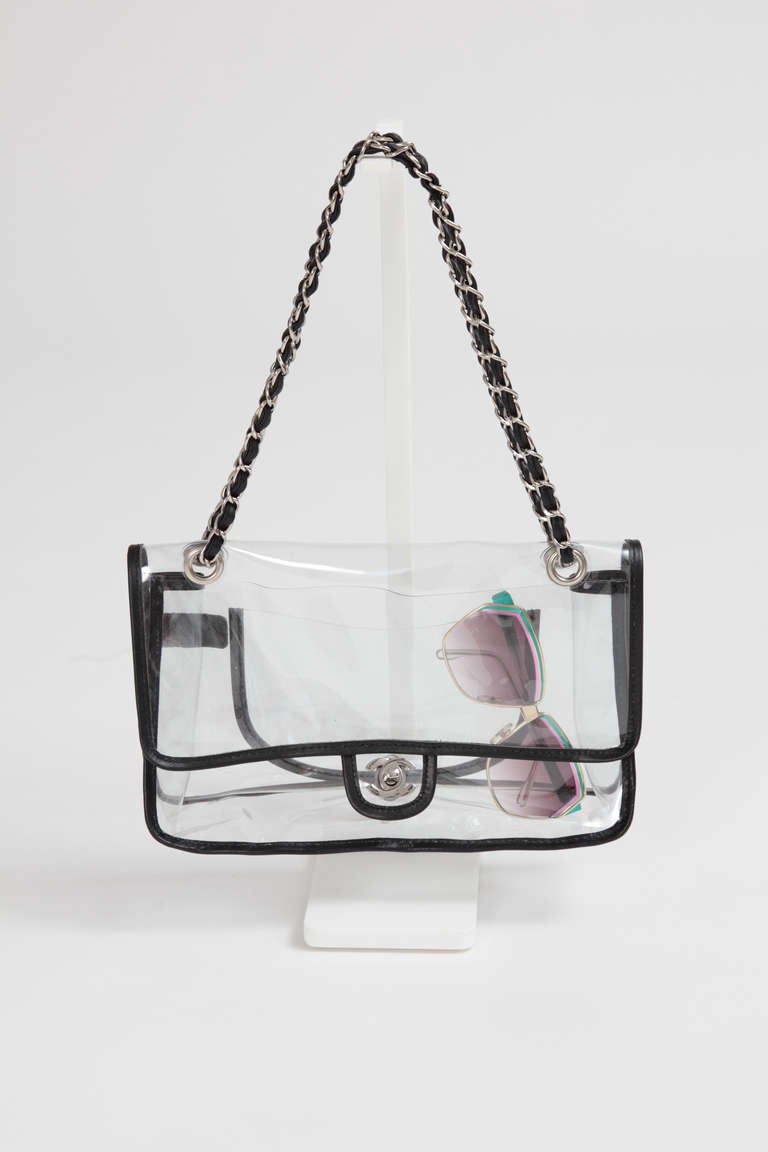 Chanel Vinyl Double Chain Shoulder Flap Bag At 1stdibs Chanel Black Lambskin Leather And Clear Vinyl Bag With One Exterior Pocket Silver Tone Hardware