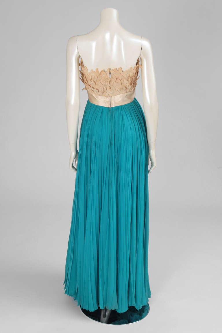 Blue 1960's Evelyn Byrnes Evening Silk Chiffon Strapless Gown For Sale