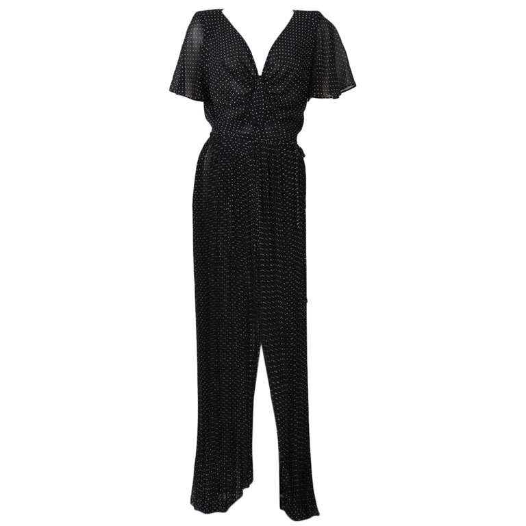 Valentino 1970s Haute Couture Polka Dot Silk Chiffon Gown