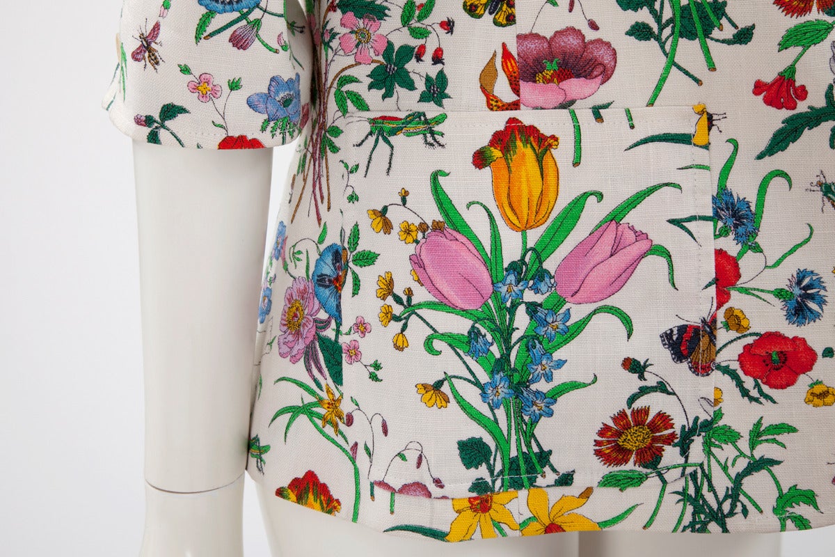 Beige Gucci Flora Print Linen Blazer