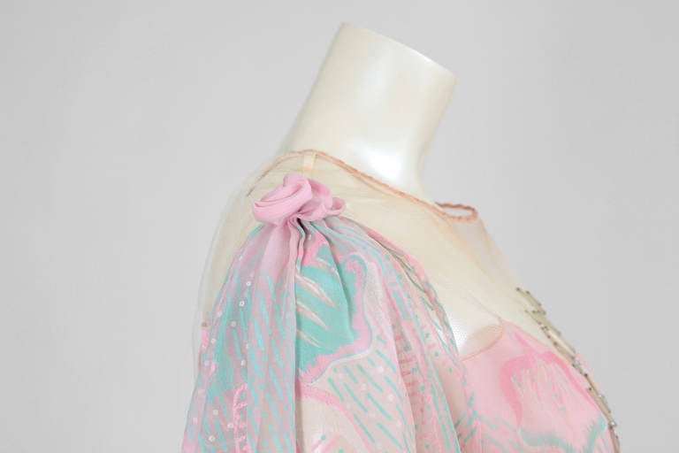 Beige Spring-Summer 1982 Zandra Rhodes Hand-Painted Silk Chiffon Dress