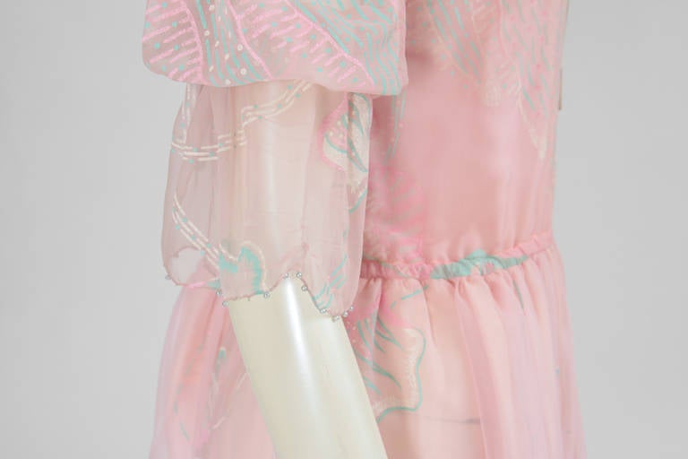 Spring-Summer 1982 Zandra Rhodes Hand-Painted Silk Chiffon Dress In New Condition In Geneva, CH
