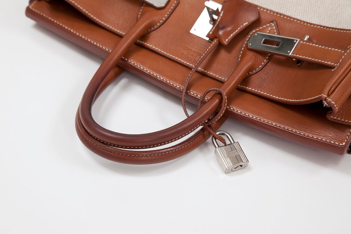 Rare Hermes Toile & Natural Barenia Leather 30 cm Birkin Handbag 4