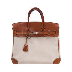 Rare Hermes Toile & Natural Barenia Leather 30 cm Birkin Handbag