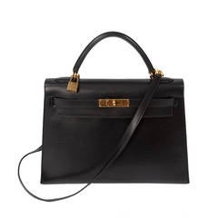 Vintage 1995 Hermes Black Kelly Sellier 32 Cm Box Calfskin Handbag