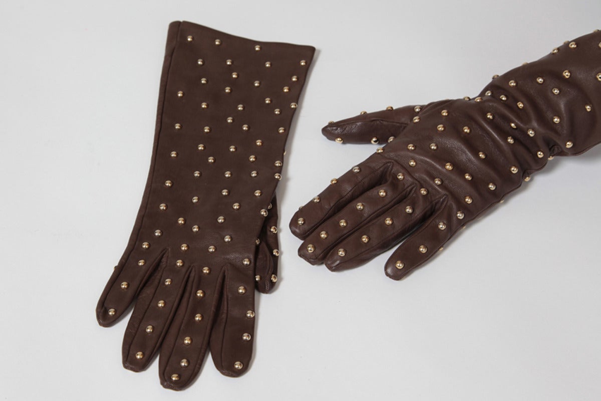 Killer never worn 90's brown YSL long gloves with gilt studs detail. Marked size 7.