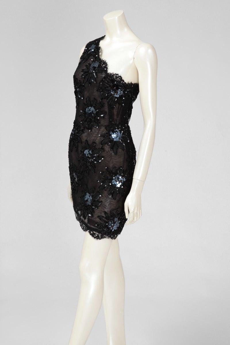 Black Yves Saint Laurent Asymmetrical Lace & Sequin Party Dress