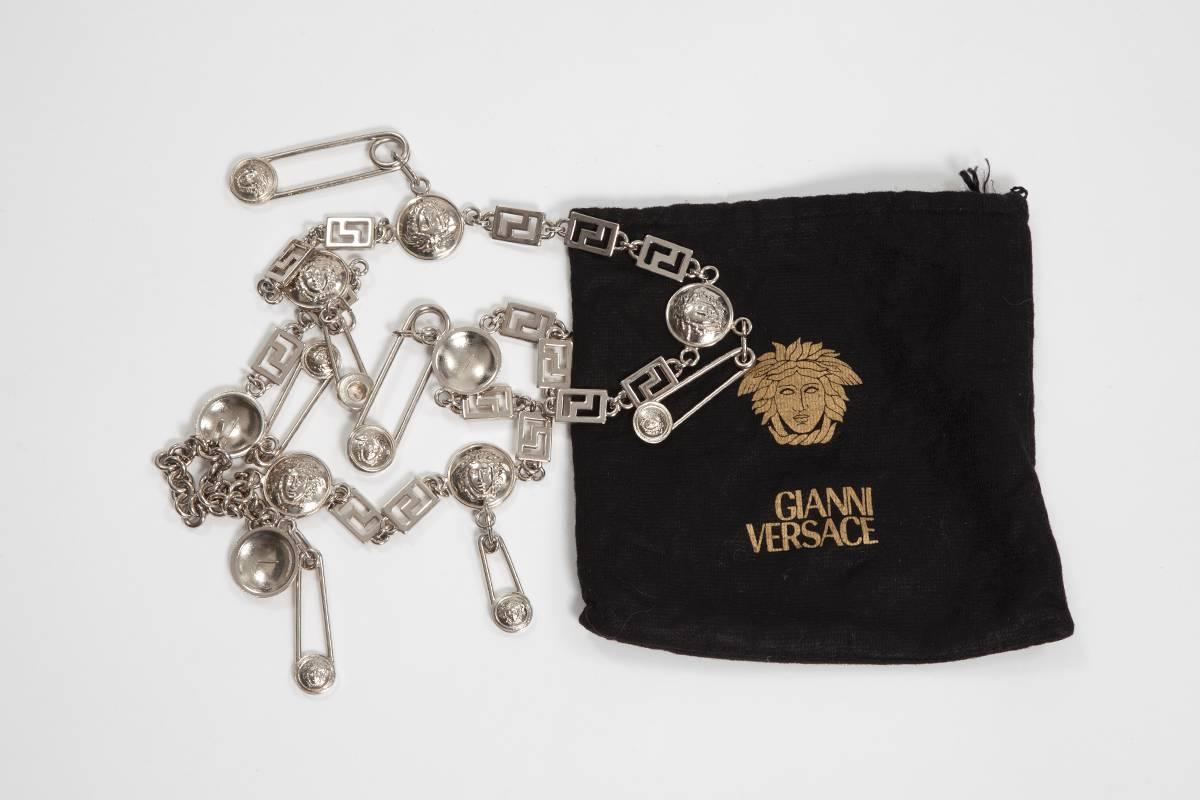 Gray Gianni Versace Medusa & Safety Pin Link Chain Belt 