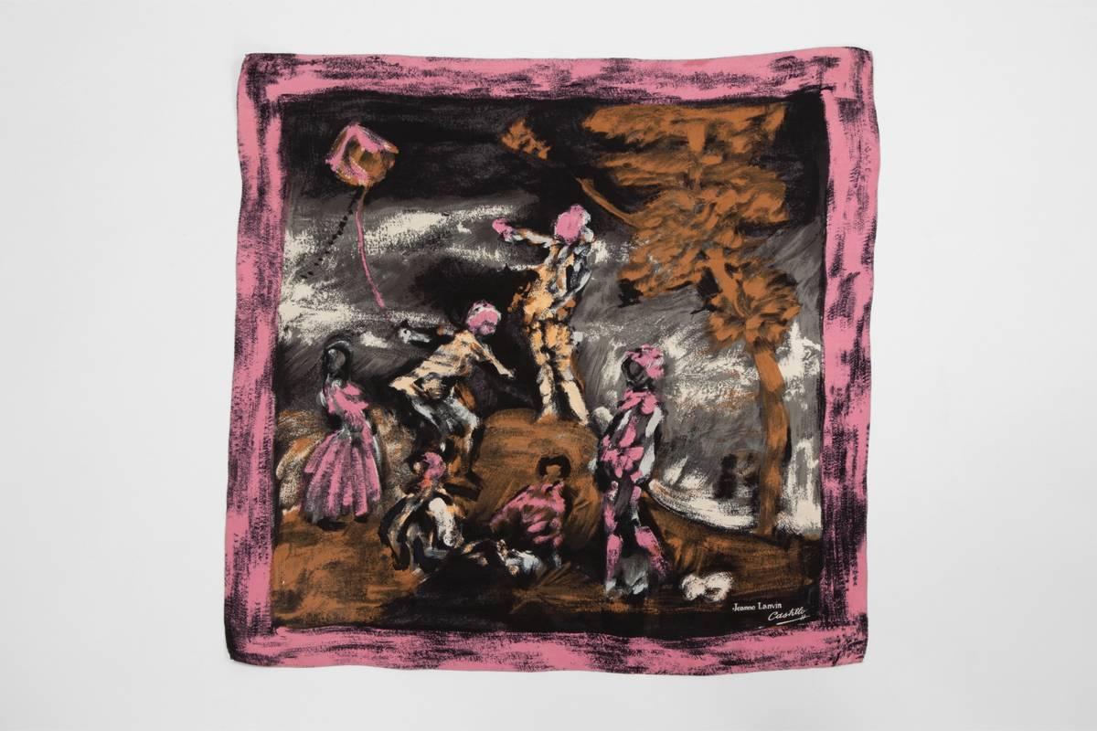 Rare 50's Jeanne Lanvin Castillo silk scarf. Rolled edges. Signed in lower right corner. Drape it over a white tee or blouse for a polished off-duty look !

Dimensions : approx. L 75 x H 77.5 cm / L 29.5 x H 30.5 inches

This item has been