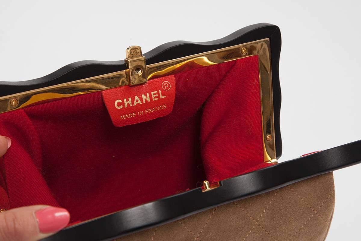 Chanel Suede & Wood Quilted Clutch 2