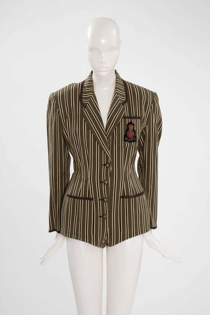 This rare late 80's Jean Paul Gaultier cotton and silk striped piece is a perfect example of a witty creation by the fashion 
