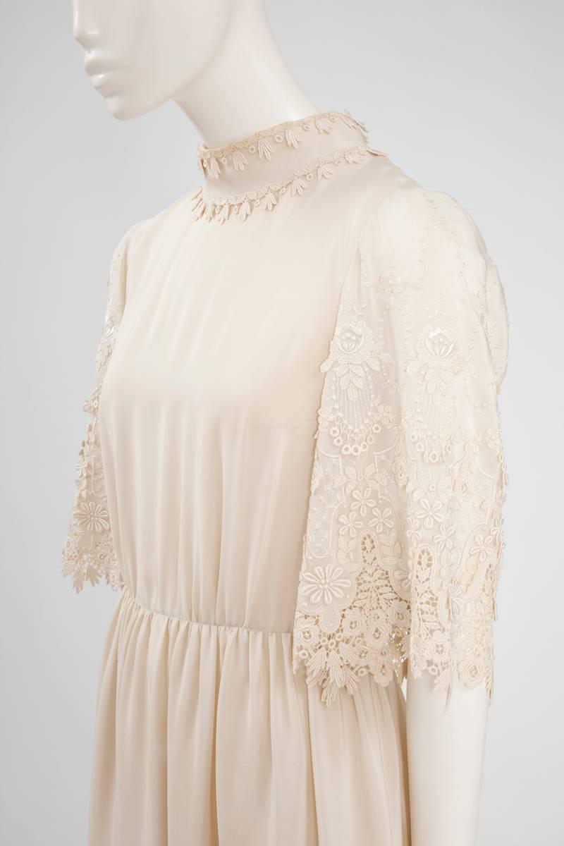 Beige Pierre Balmain Haute Couture Silk & Guipure Dress, circa 1970 For Sale