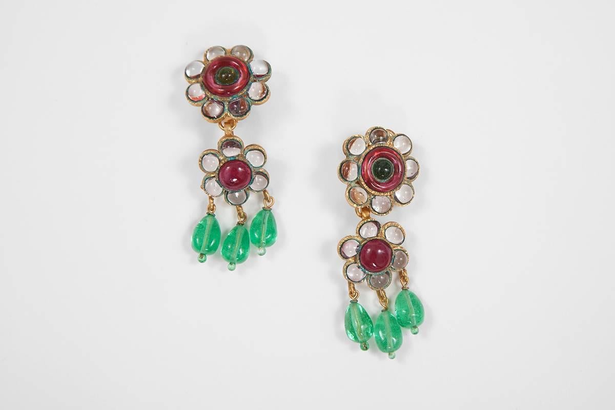 Charming Maison Gripoix for Chanel blooms dandling earrings. These signed 
