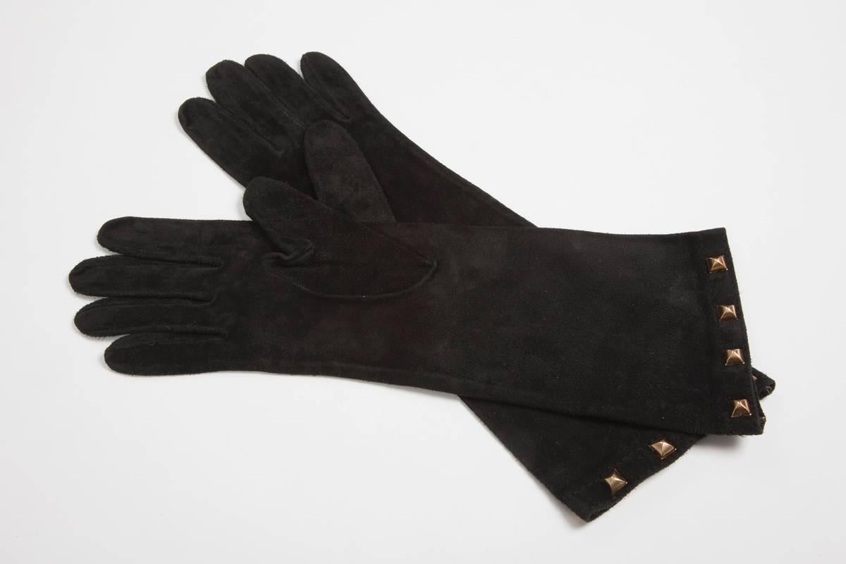 Black Yves Saint Laurent New Studded Suede Gloves  For Sale