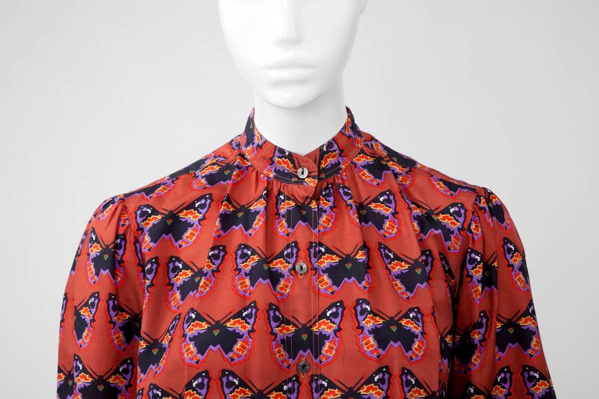 Brown Rare Yves Saint Laurent Butterfly Print Blouse, Fall-Winter 1971-1972 For Sale