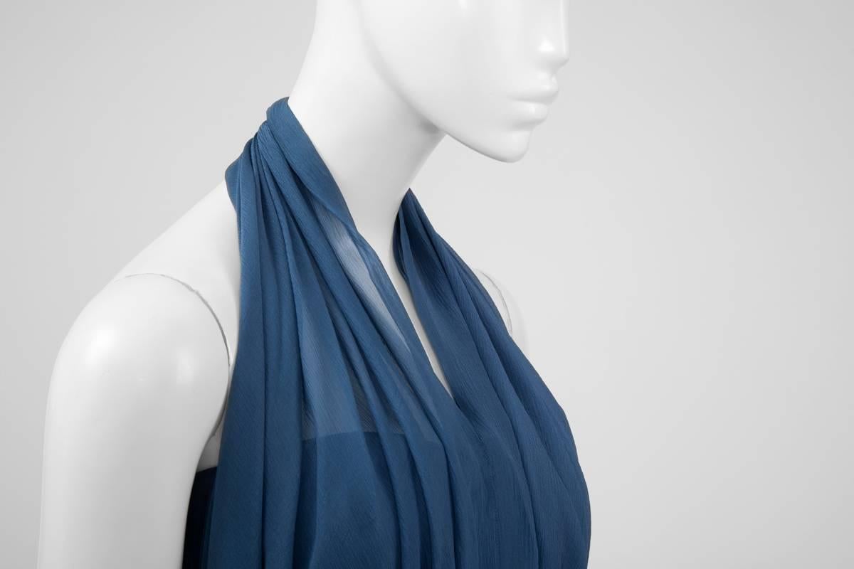 Blue 1960's Silk Chiffon Halterneck Dress For Sale
