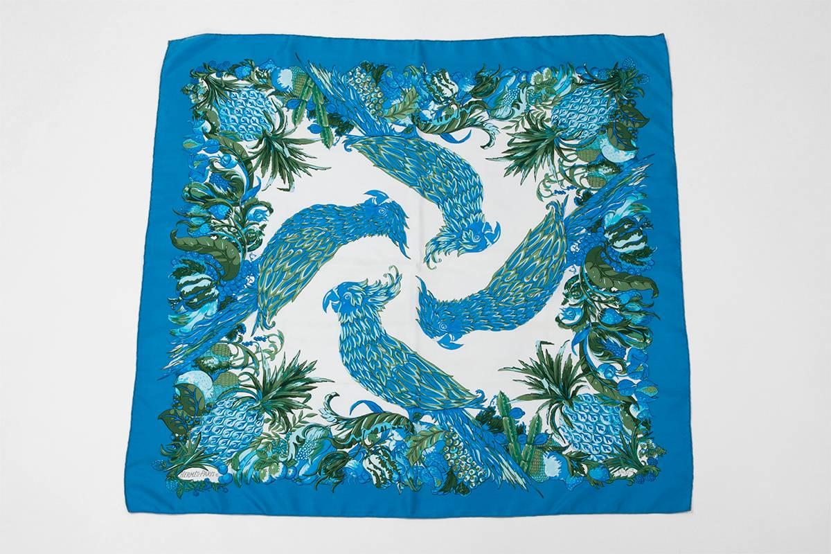 Feel the tropical exuberance with this very rare Hermes silk twill "Carré" scarf by artist Françoise Faconnet, first issued in 1970. Original Hermes box not included.

Dimensions : approx. 90 x 90 cm (35.4 x 35.4 inches)

This item has