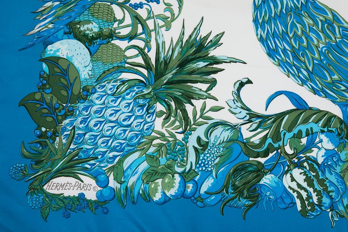 Blue Rare Parrots & Pineapple Hermes Silk Twill Carre Scarf 