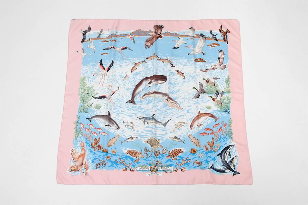 Designed by Robert Dallet and first issued in 1992, “La Vie Précieuse de la Méditerranée” has been reissued in 2002. From the original edition, this beautiful scarf depicts Mediterranean life above and under the sea. Known for his nature oriented