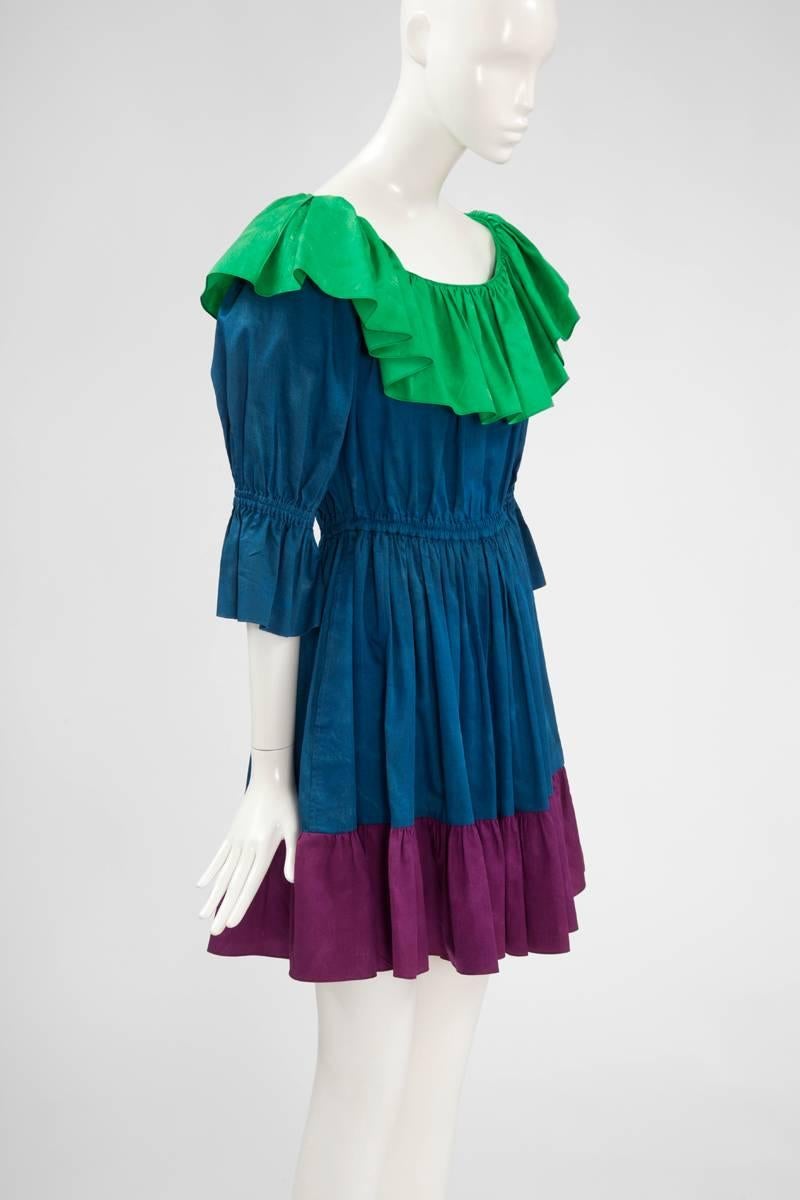 Blue Yves Saint Laurent Colorblock Ruffle Dress