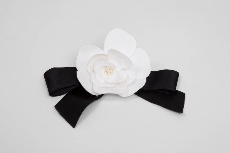 Chanel Chanel Black Ribbon x White Camellia Flower Brooch Pin