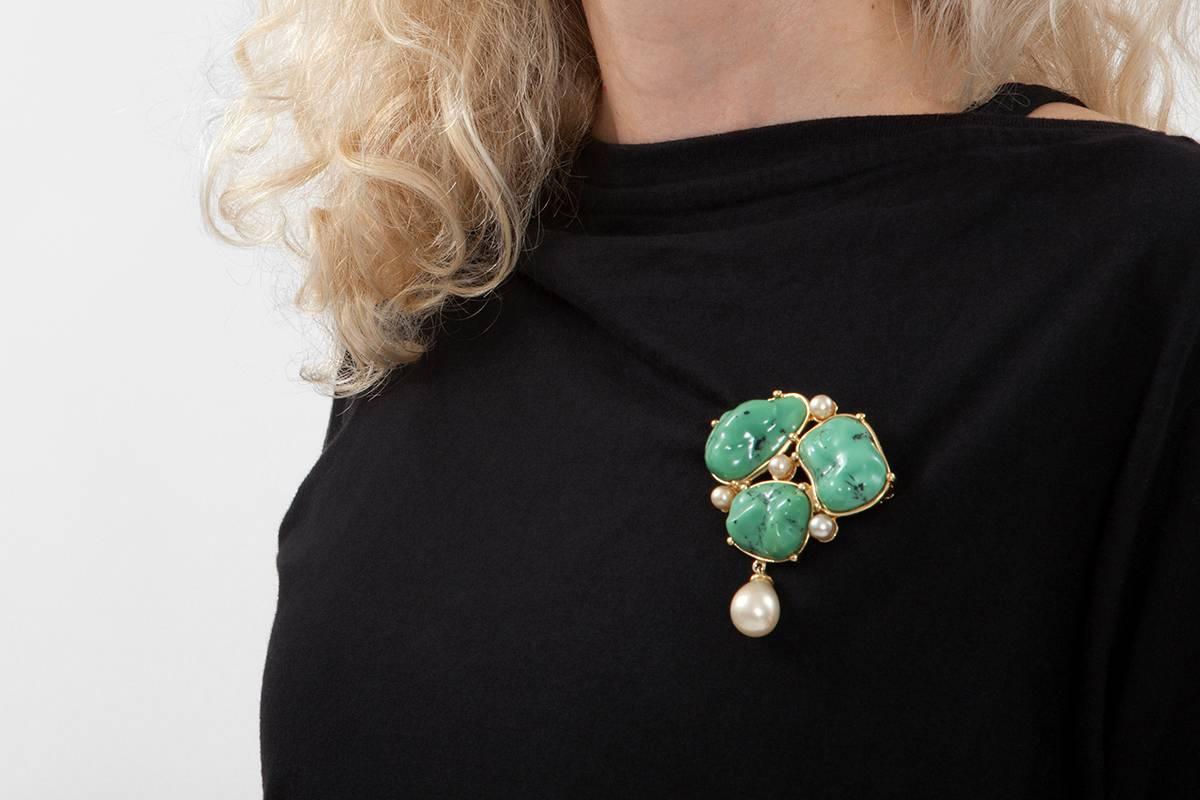 Yves Saint Laurent Turquoise & Pearl Brooch  In Excellent Condition In Geneva, CH