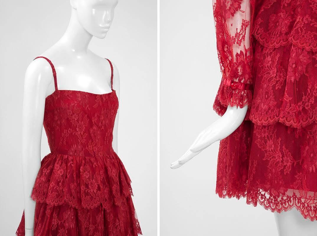Red Torrente Ruffled Lace Mini Dress Suit  For Sale