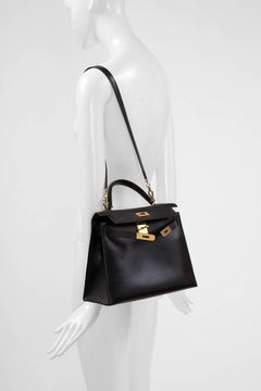 1988 Hermes Black Kelly Sellier 28 cm Box Calfskin Handbag