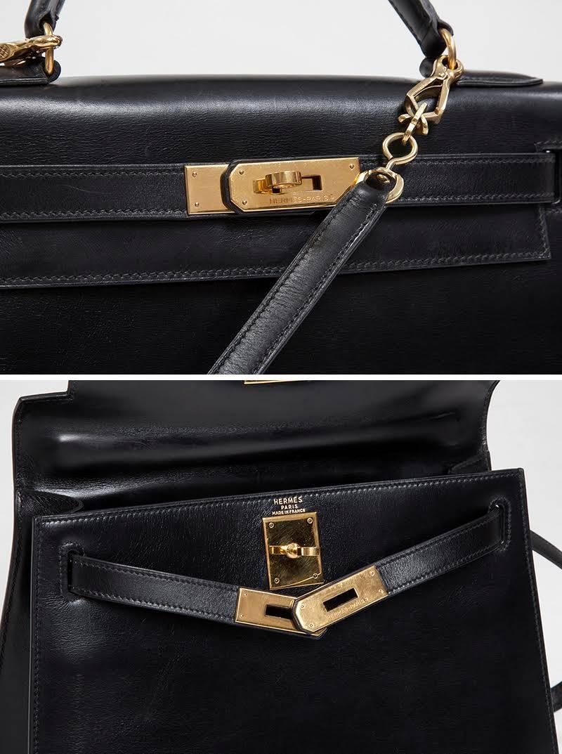 1988 Hermes Black Kelly Sellier 28 cm Box Calfskin Handbag  In Excellent Condition In Geneva, CH