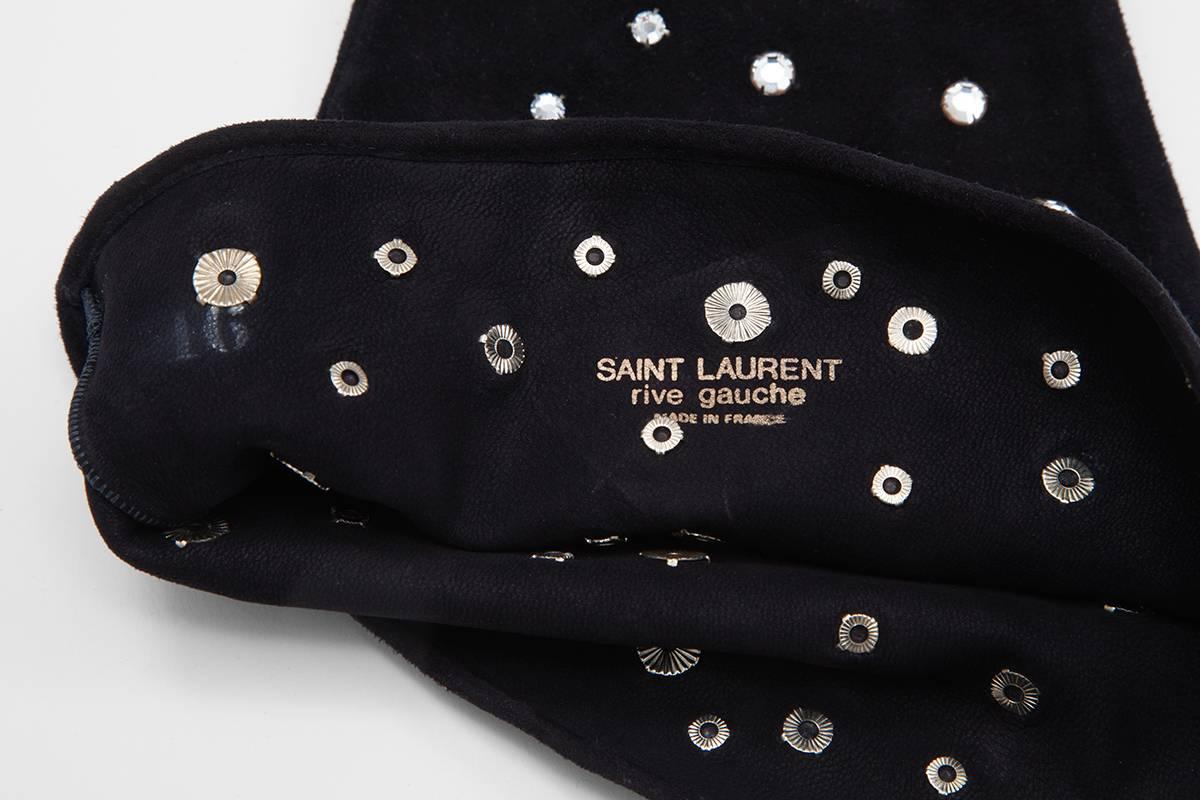 Black Yves Saint Laurent Rhinestone Embellished Suede Gloves 