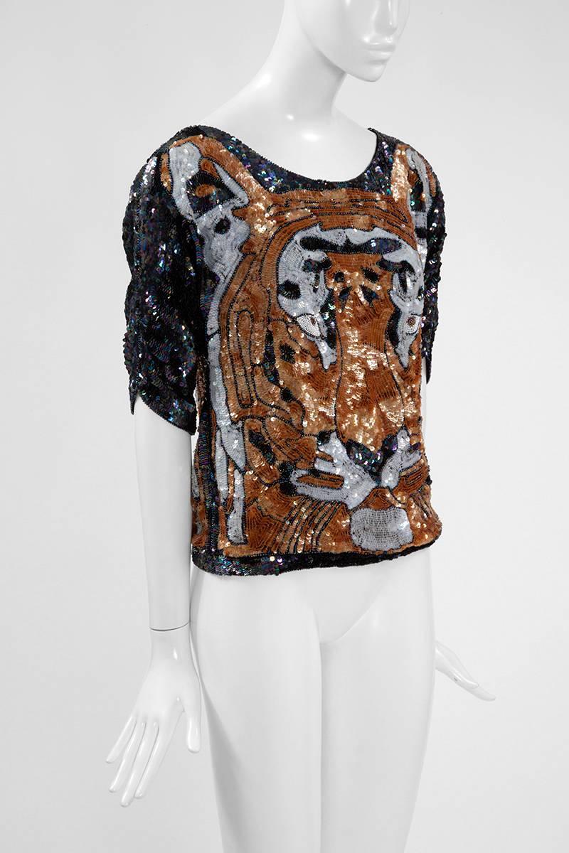 Black Sequined and Beaded Silk Tiger Tunic Top, 1970s 