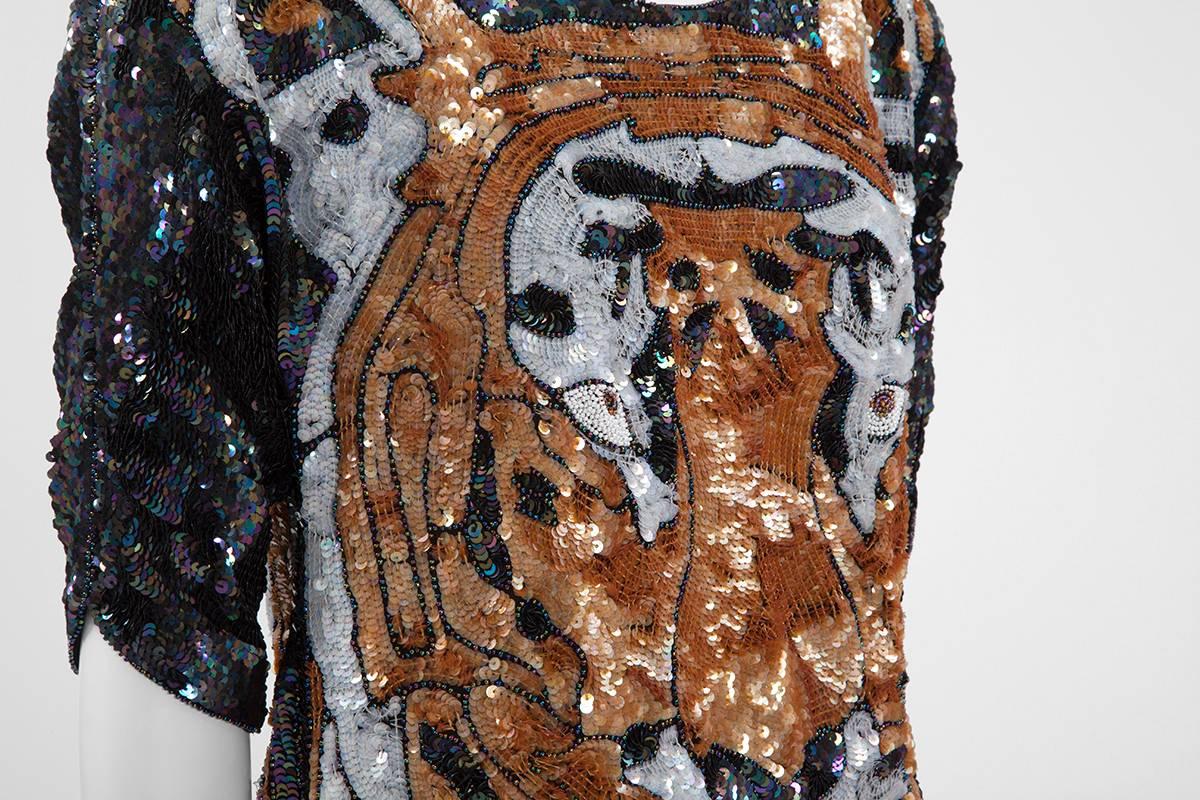 Sequined and Beaded Silk Tiger Tunic Top, 1970s  In Excellent Condition In Geneva, CH