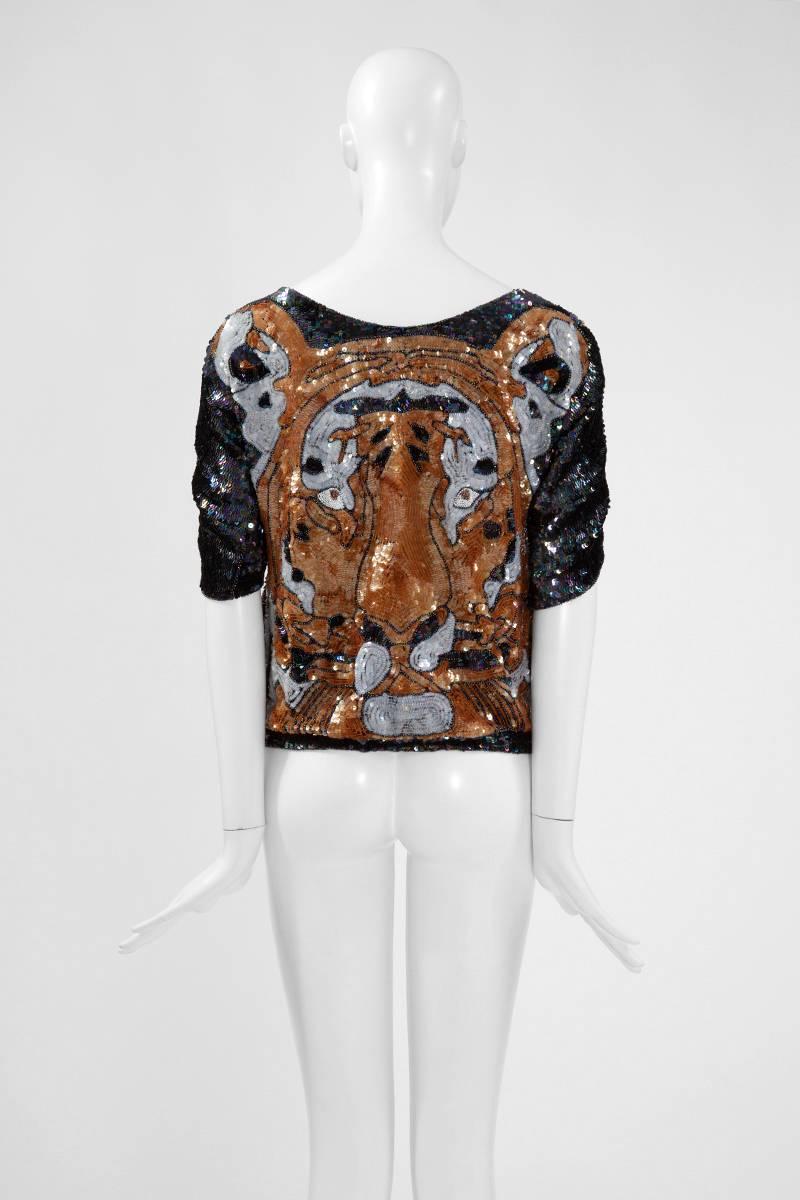 Sequined and Beaded Silk Tiger Tunic Top, 1970s  2