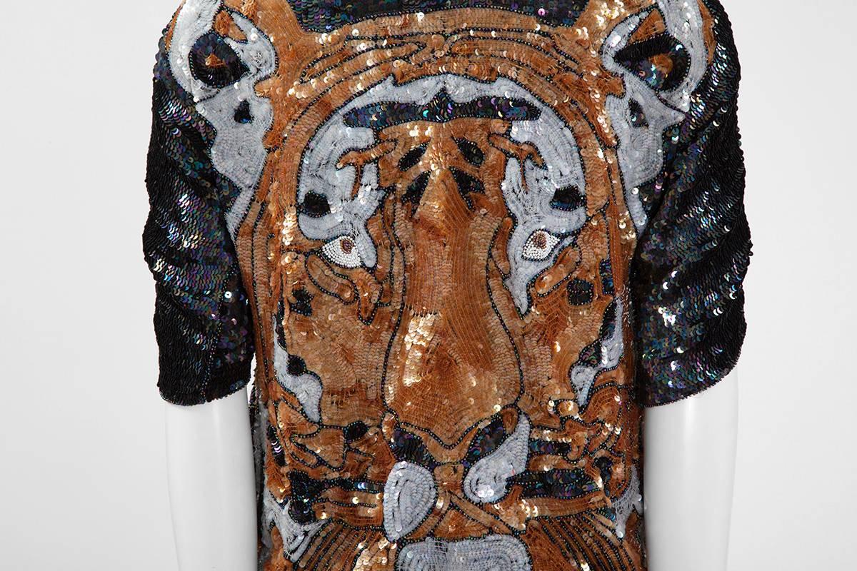 Sequined and Beaded Silk Tiger Tunic Top, 1970s  3