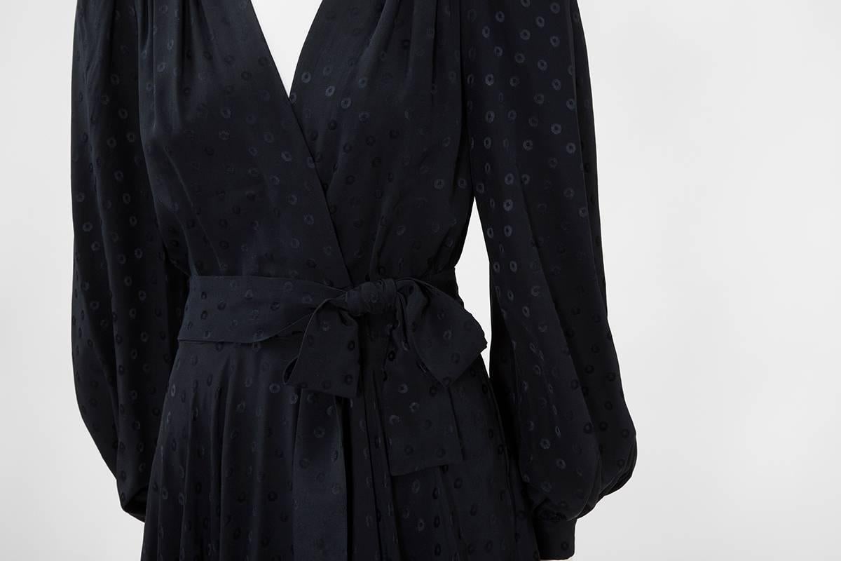 Black Yves Saint Laurent Silk Jacquard Ruffle Dress, Circa 1978