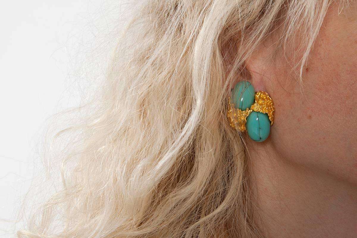 Contemporary Gilt Metal & Turquoise Clip-On Earrings 