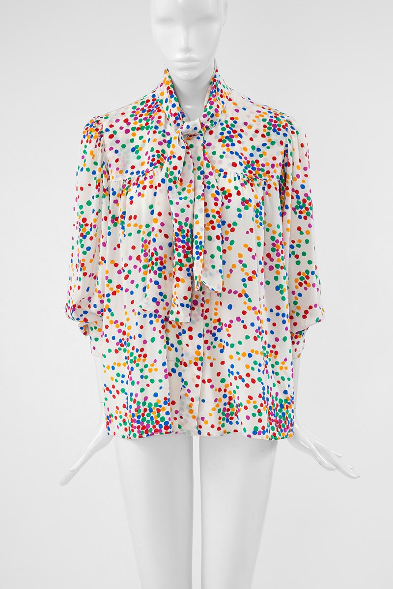 Vivid late 70's - early 80's Saint Laurent Rive Gauche multi-colored dotted silk blouse with 