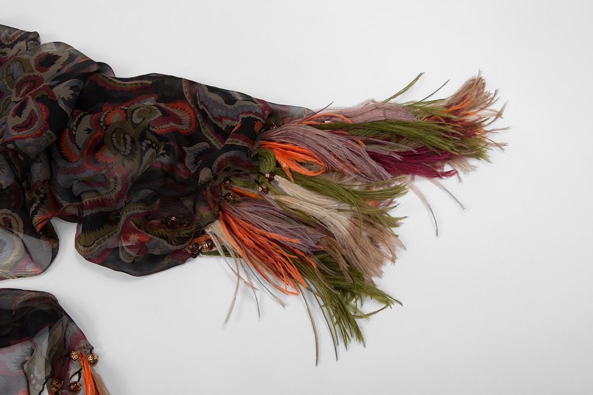 Yves Saint Laurent Attributed Printed Silk Chiffon & Feathers Scarf Stole In Good Condition For Sale In Geneva, CH