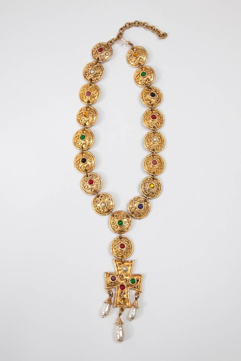 Byzantine Oversized Jeweled Cross Pendant Necklace