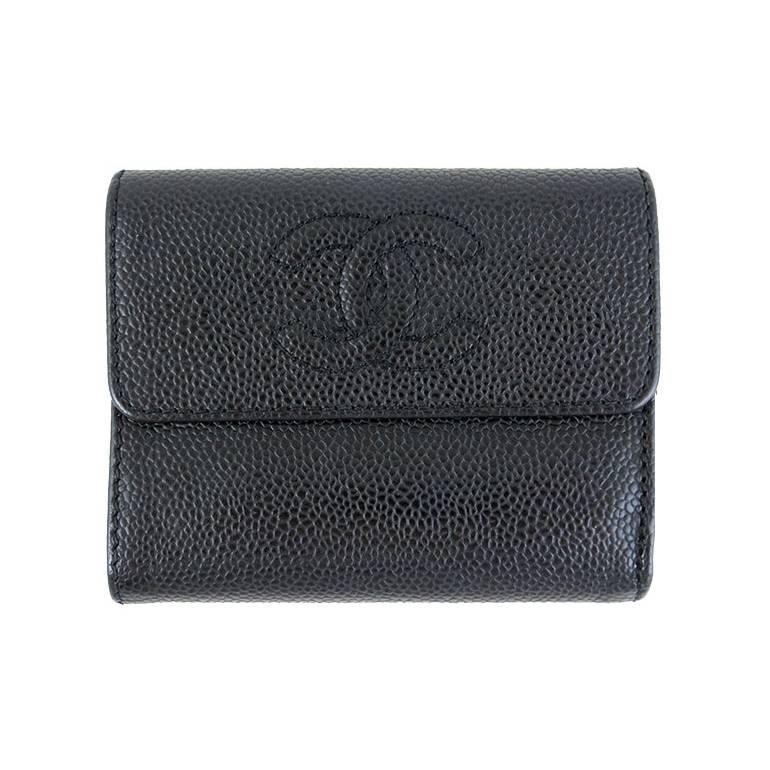 Chanel Black Caviar CC Trifold Snap Wallet Purse