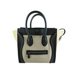 Celine Mini Bicolor Black Leather Cream Tweed Luggage Tote