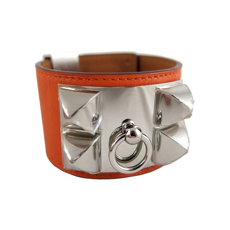 Hermes Cdc Collier De Chien Orange Swift Palladium Bracelet  For Sale