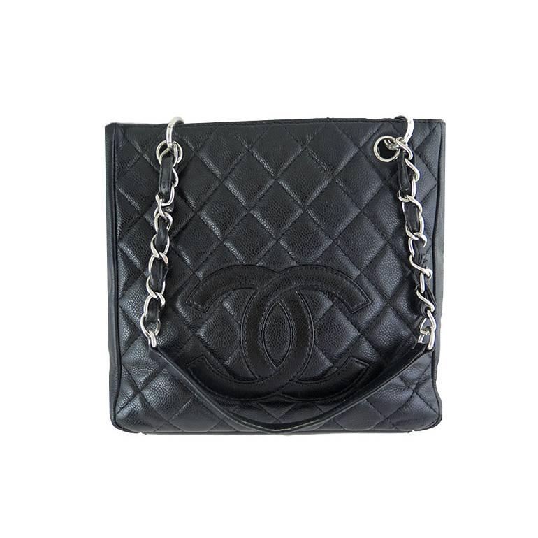 Chanel Pst Black Caviar Leather Petite Shopping Tote Silver Hardware For Sale