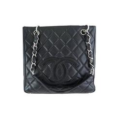 Chanel Pst Black Caviar Leather Petite Shopping Tote Silver Hardware