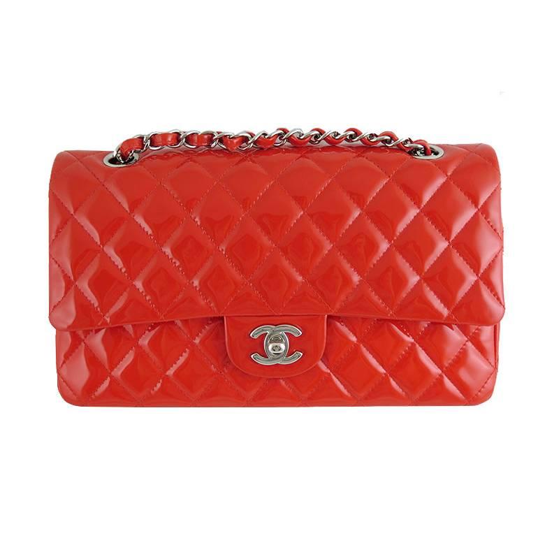 Chanel Red Patent Leather Medium 10inch Double Flap For Sale