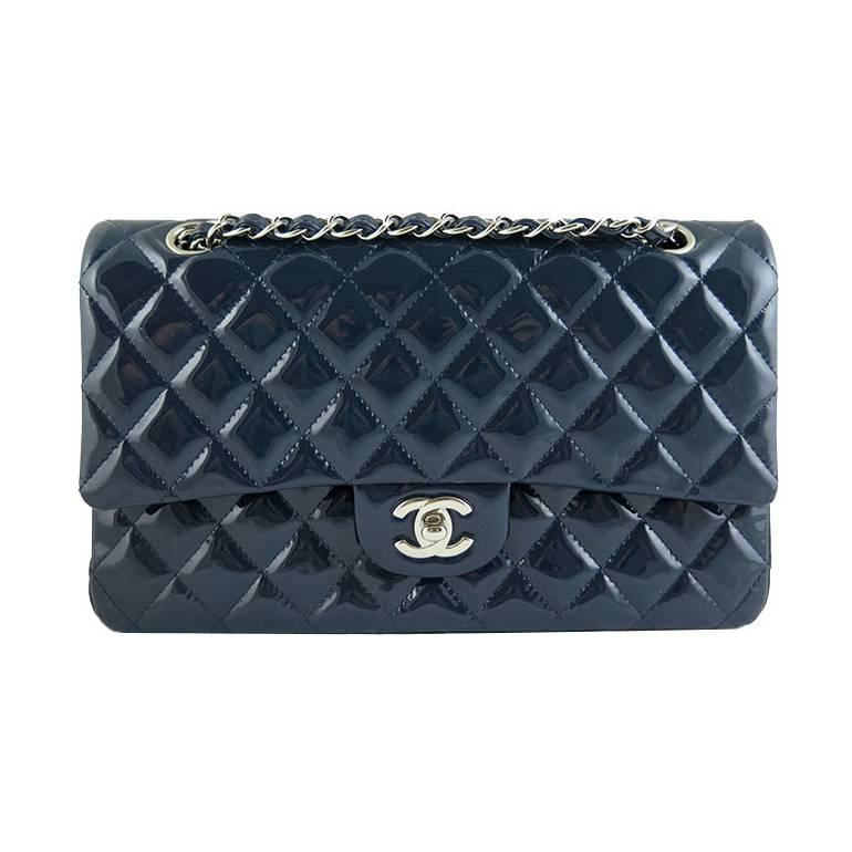 Chanel Blue Patent Leather Medium 10inch Double Flap Bag For Sale