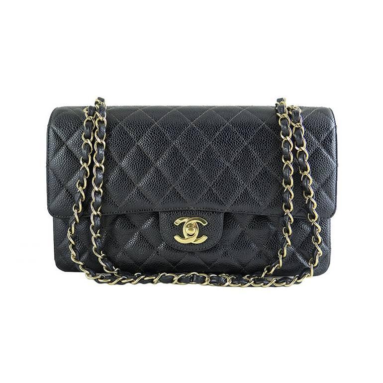 Chanel Black Caviar 10inch Medium 2.55 Classic Double Flap Bag For Sale