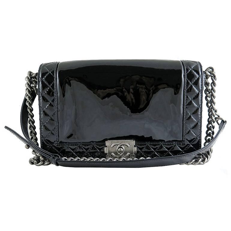 Chanel Boy Black Patent Medium Evening Flap Bag  For Sale