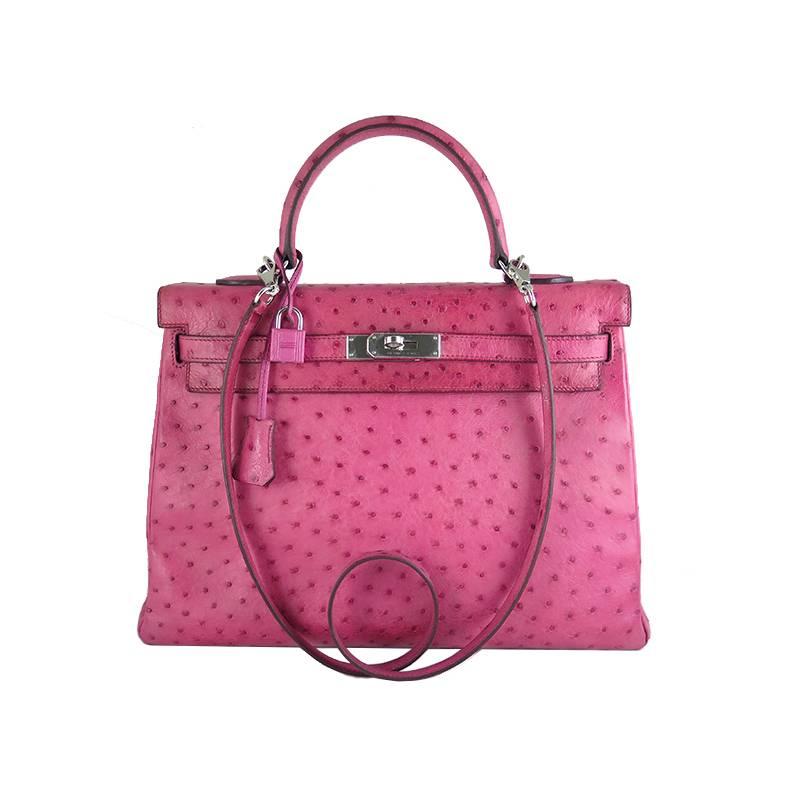 Hermes Pink Fuchsia Kelly Ostrich 35cm Palladium Hardware Shoulder Bag For Sale