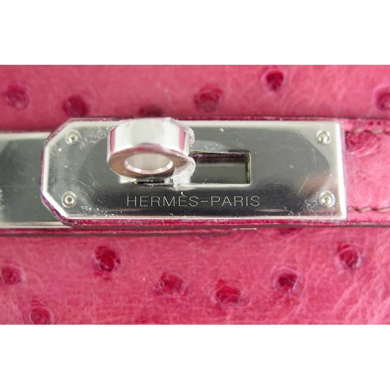 Hermes Pink Fuchsia Kelly Ostrich 35cm Palladium Hardware Shoulder Bag In Excellent Condition For Sale In Singapore, SG